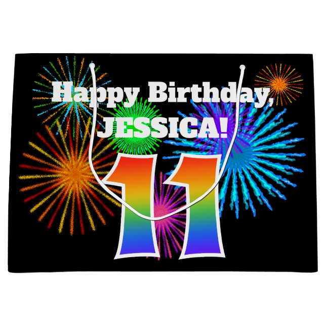 Fun Fireworks + Rainbow Pattern "11" Birthday # Large Gift Bag (Front)