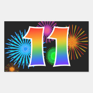 Fun Fireworks + Rainbow Pattern "11" Event Number Rectangular Sticker