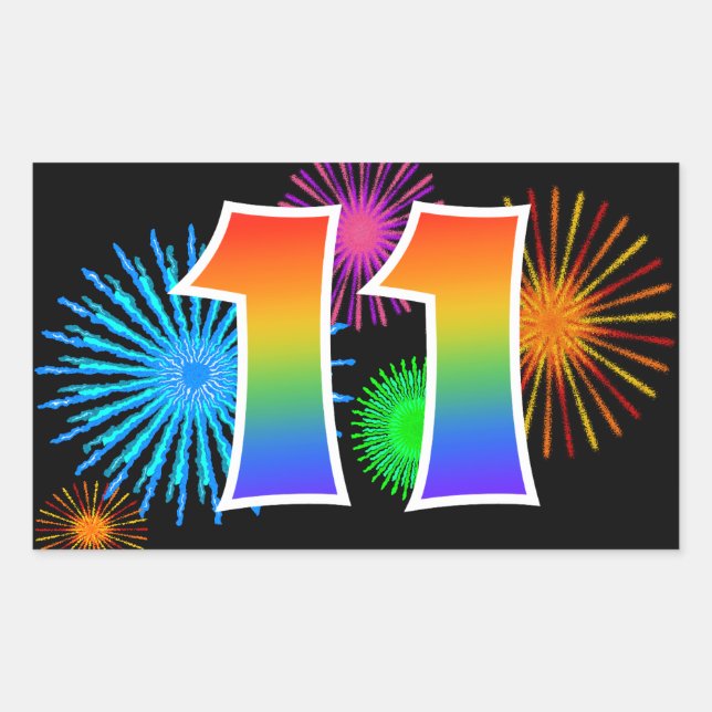 Fun Fireworks + Rainbow Pattern "11" Event Number Rectangular Sticker (Front)