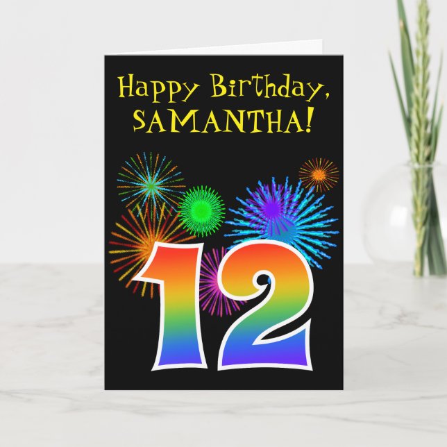 Fun Fireworks + Rainbow Pattern "12" Birthday # Card (Front)