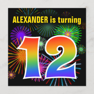Fun Fireworks + Rainbow Pattern "12" Birthday # Invitation