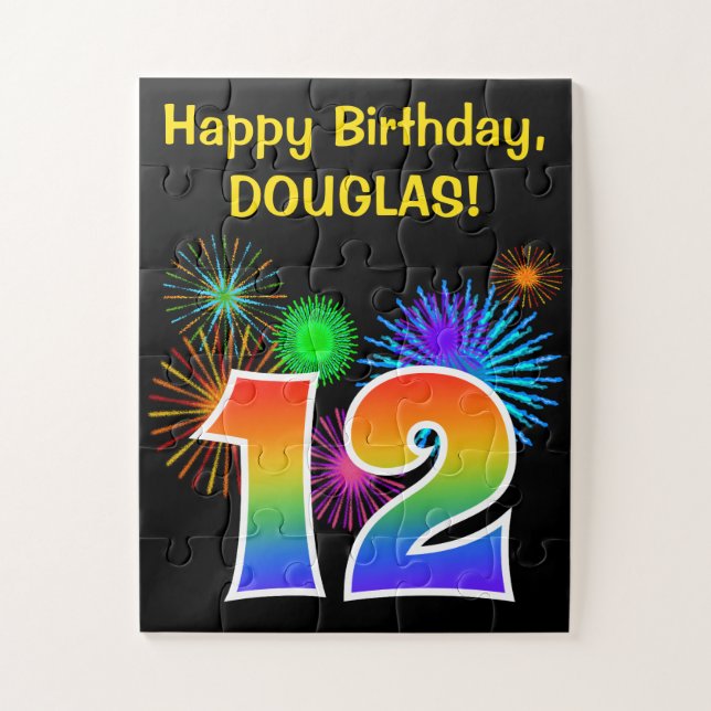 Fun Fireworks + Rainbow Pattern "12" Birthday # Jigsaw Puzzle (Vertical)