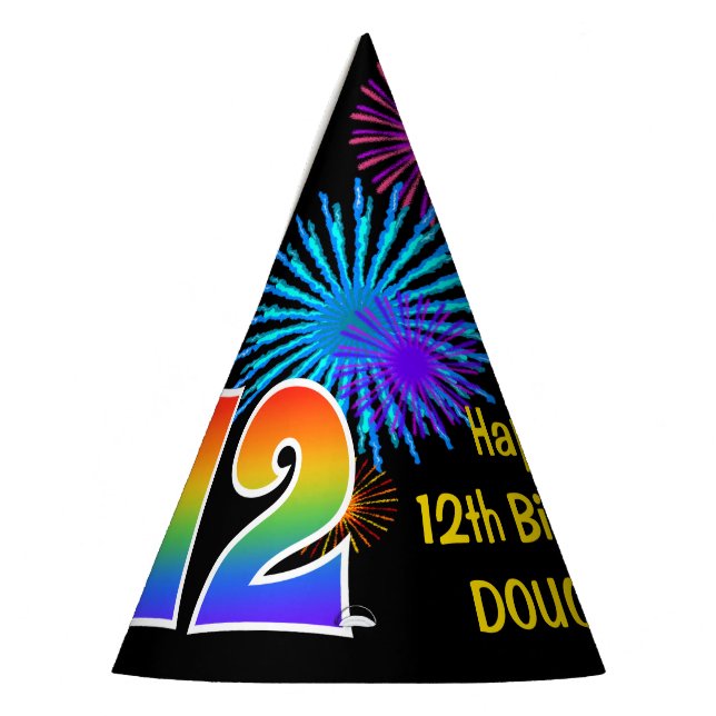 Fun Fireworks + Rainbow Pattern "12" Birthday # Party Hat (Left)