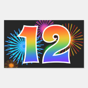 Fun Fireworks + Rainbow Pattern "12" Event Number Rectangular Sticker