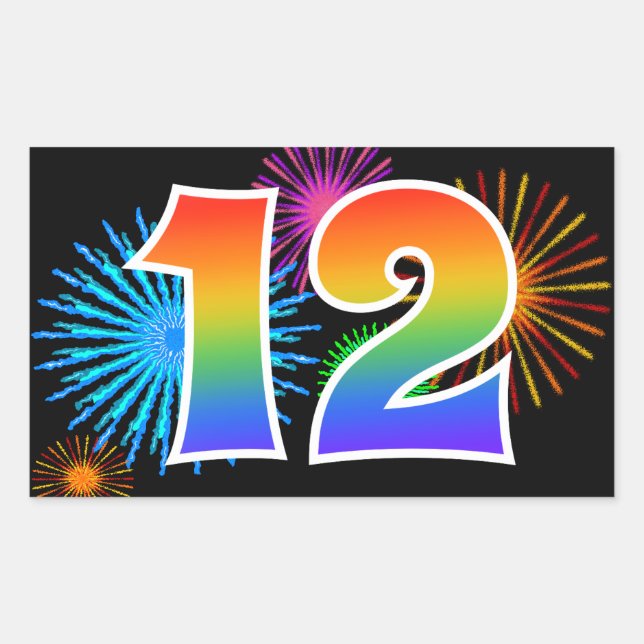 Fun Fireworks + Rainbow Pattern "12" Event Number Rectangular Sticker (Front)