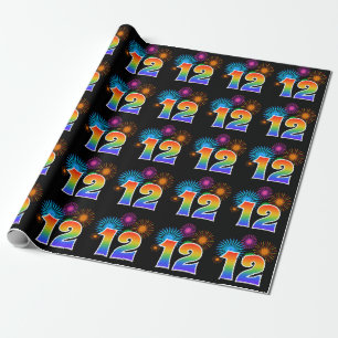 Fun Fireworks + Rainbow Pattern "12" Event Number Wrapping Paper