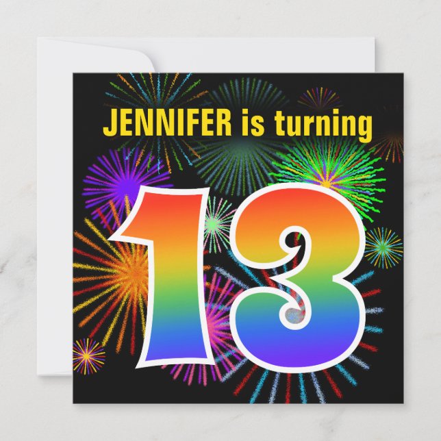 Fun Fireworks + Rainbow Pattern "13" Birthday # Invitation (Front)