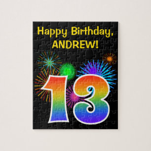 Fun Fireworks + Rainbow Pattern "13" Birthday # Jigsaw Puzzle