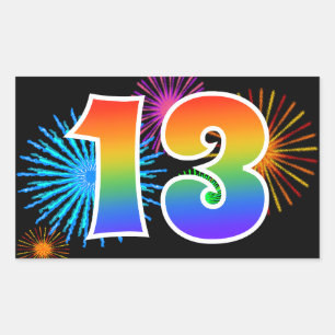 Fun Fireworks + Rainbow Pattern "13" Event Number Rectangular Sticker