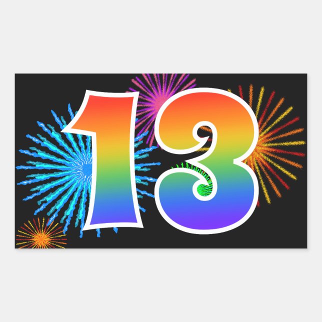 Fun Fireworks + Rainbow Pattern "13" Event Number Rectangular Sticker (Front)