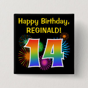 Fun Fireworks + Rainbow Pattern "14" Birthday # 15 Cm Square Badge