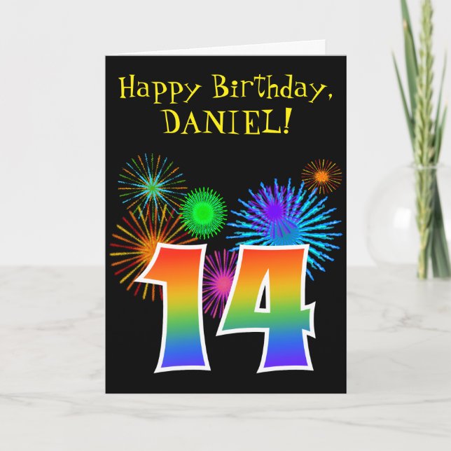 Fun Fireworks + Rainbow Pattern "14" Birthday # Card (Front)