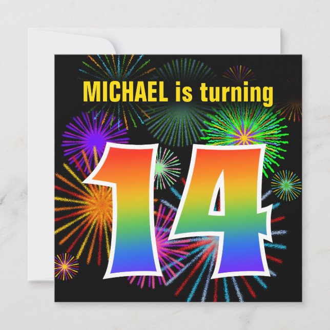 Fun Fireworks + Rainbow Pattern "14" Birthday # Invitation (Front)
