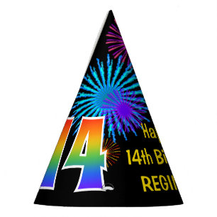 Fun Fireworks + Rainbow Pattern "14" Birthday # Party Hat