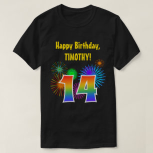Fun Fireworks + Rainbow Pattern "14" Birthday # T-Shirt