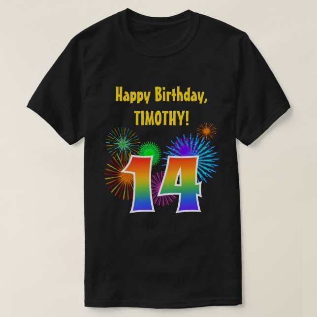 Fun Fireworks + Rainbow Pattern "14" Birthday # T-Shirt (Design Front)