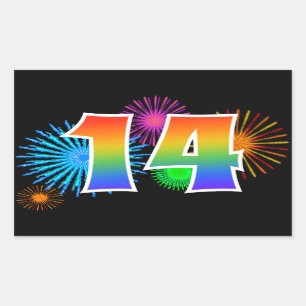 Fun Fireworks + Rainbow Pattern "14" Event Number Rectangular Sticker