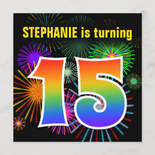 Fun Fireworks + Rainbow Pattern "15" Birthday # Invitation
