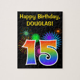 Fun Fireworks + Rainbow Pattern "15" Birthday # Jigsaw Puzzle