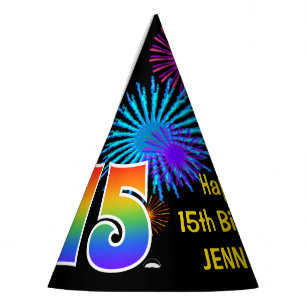 Fun Fireworks + Rainbow Pattern "15" Birthday # Party Hat