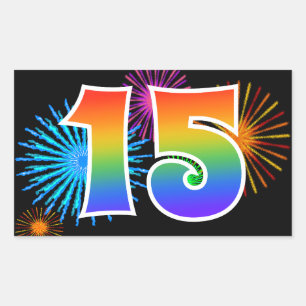 Fun Fireworks + Rainbow Pattern "15" Event Number Rectangular Sticker