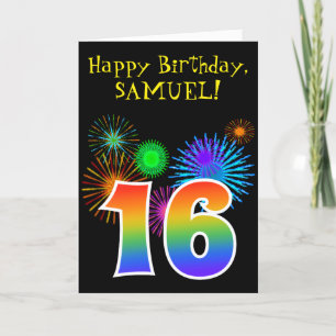 Fun Fireworks + Rainbow Pattern "16" Birthday # Card
