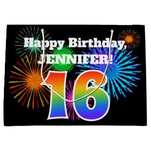 Fun Fireworks + Rainbow Pattern "16" Birthday # Large Gift Bag