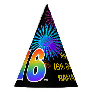Fun Fireworks + Rainbow Pattern "16" Birthday # Party Hat