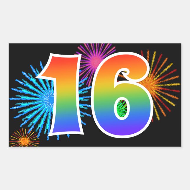 Fun Fireworks + Rainbow Pattern "16" Event Number Rectangular Sticker (Front)