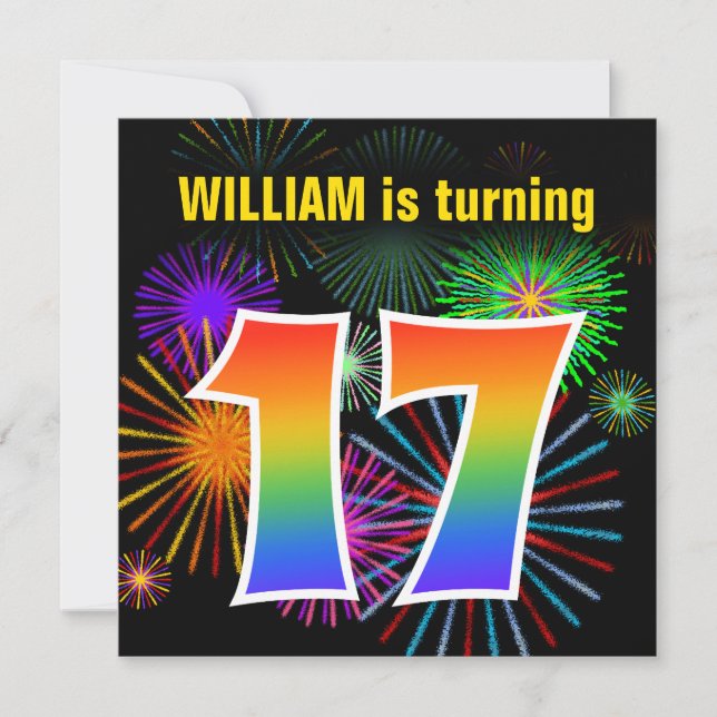 Fun Fireworks + Rainbow Pattern "17" Birthday # Invitation (Front)