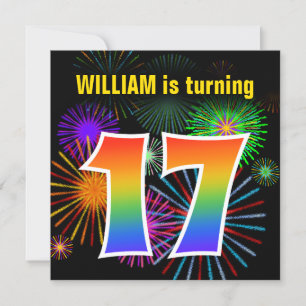 Fun Fireworks + Rainbow Pattern "17" Birthday # Invitation