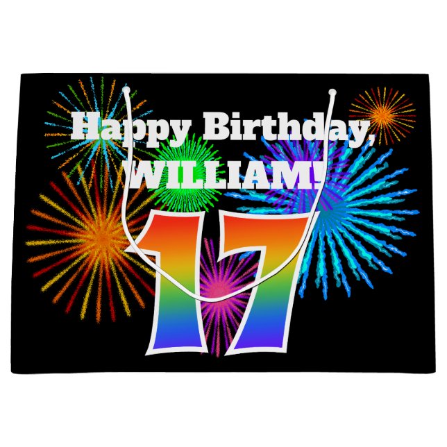 Fun Fireworks + Rainbow Pattern "17" Birthday # Large Gift Bag (Front)