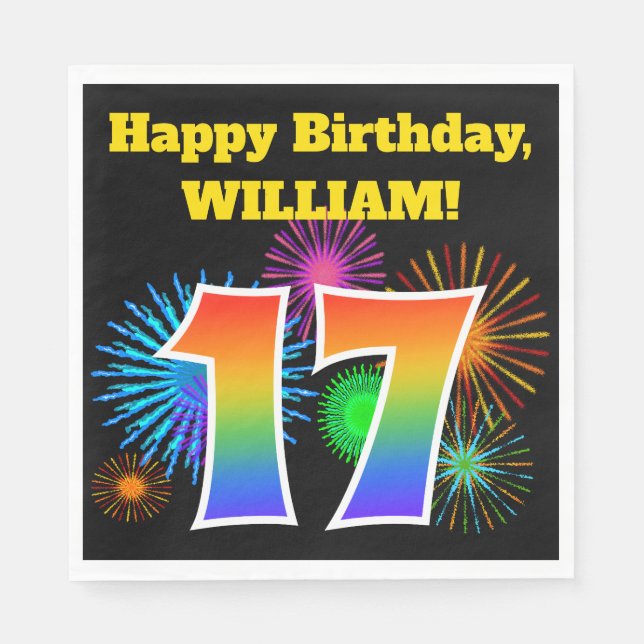 Fun Fireworks + Rainbow Pattern "17" Birthday # Napkin (Front)