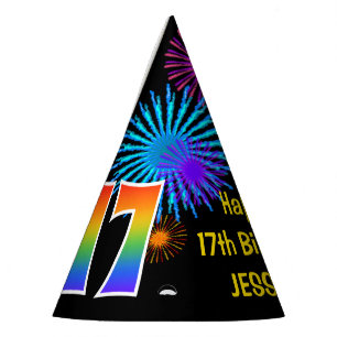 Fun Fireworks + Rainbow Pattern "17" Birthday # Party Hat