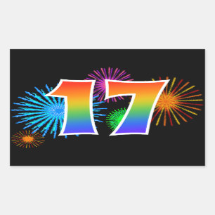 Fun Fireworks + Rainbow Pattern "17" Event Number Rectangular Sticker
