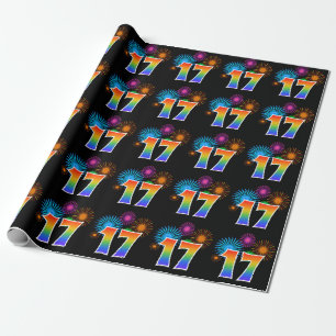 Fun Fireworks + Rainbow Pattern "17" Event Number Wrapping Paper