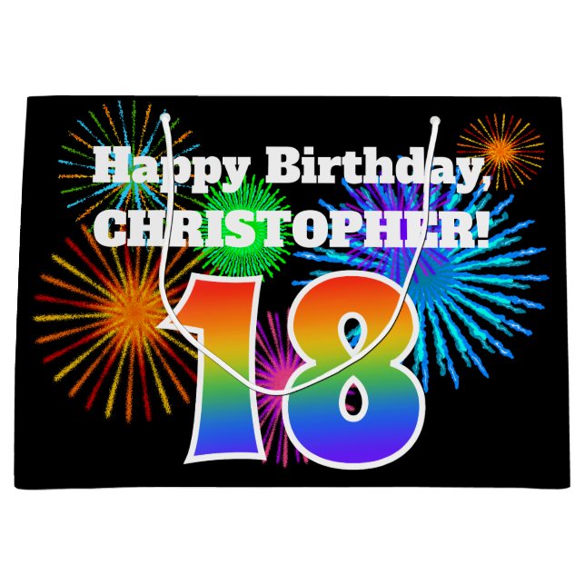 Fun Fireworks + Rainbow Pattern "18" Birthday # Large Gift Bag (Front)