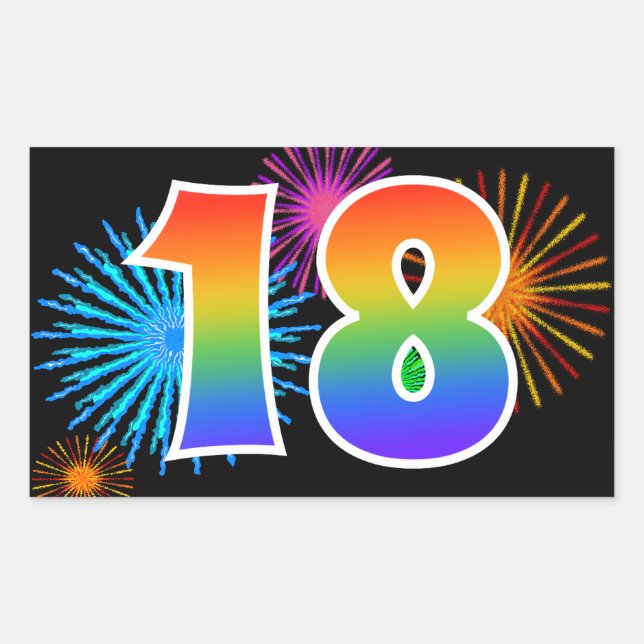 Fun Fireworks + Rainbow Pattern "18" Event Number Rectangular Sticker (Front)