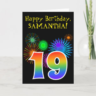 Fun Fireworks + Rainbow Pattern "19" Birthday # Card