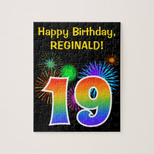 Fun Fireworks + Rainbow Pattern "19" Birthday # Jigsaw Puzzle