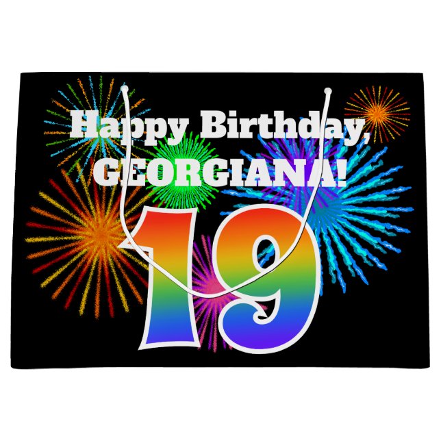 Fun Fireworks + Rainbow Pattern "19" Birthday # Large Gift Bag (Front)