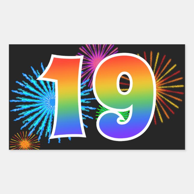 Fun Fireworks + Rainbow Pattern "19" Event Number Rectangular Sticker (Front)