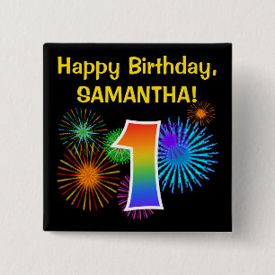 Fun Fireworks + Rainbow Pattern "1" Birthday # 15 Cm Square Badge