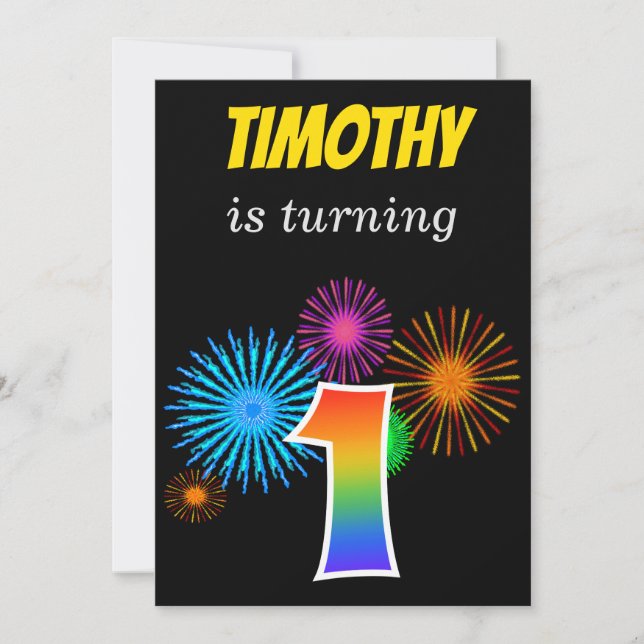 Fun Fireworks + Rainbow Pattern "1" Birthday # Invitation (Front)