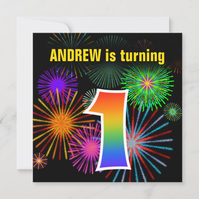 Fun Fireworks + Rainbow Pattern "1" Birthday # Invitation (Front)