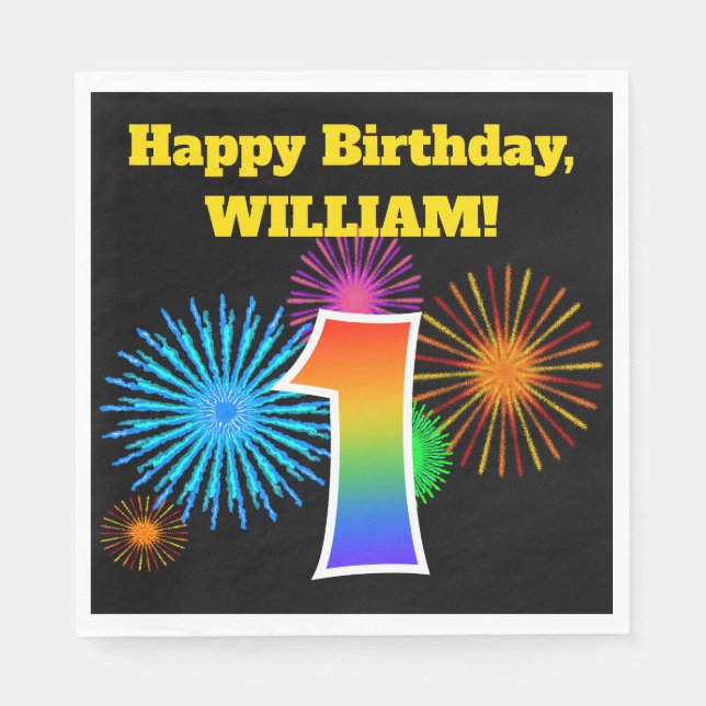Fun Fireworks + Rainbow Pattern "1" Birthday # Napkin (Front)