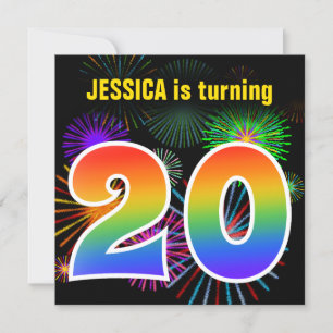 Fun Fireworks + Rainbow Pattern "20" Birthday # Invitation