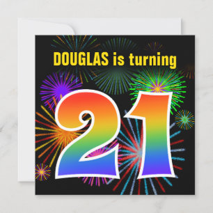 Fun Fireworks + Rainbow Pattern "21" Birthday # Invitation