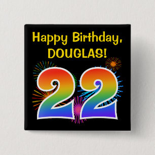 Fun Fireworks + Rainbow Pattern "22" Birthday # 15 Cm Square Badge