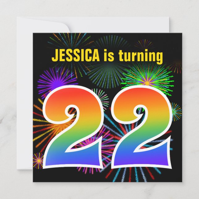 Fun Fireworks + Rainbow Pattern "22" Birthday # Invitation (Front)